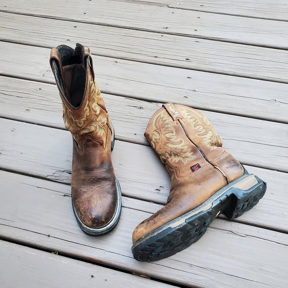 Tony Lama Panhandle Cheyenne Tan Leather Steel Toe Heavy Distressed Work Boots‎